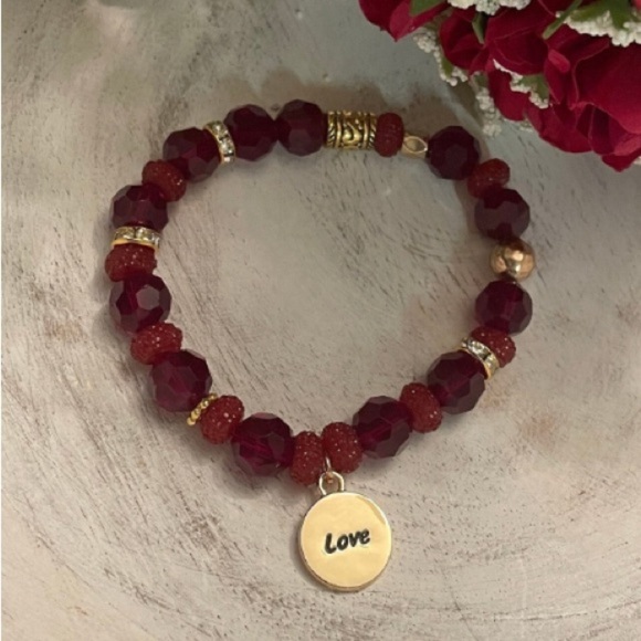 Burgundy Red Crystal Beaded Stretch Bracelet: Gold 'Love' Charm, Handmade - Picture 1 of 4